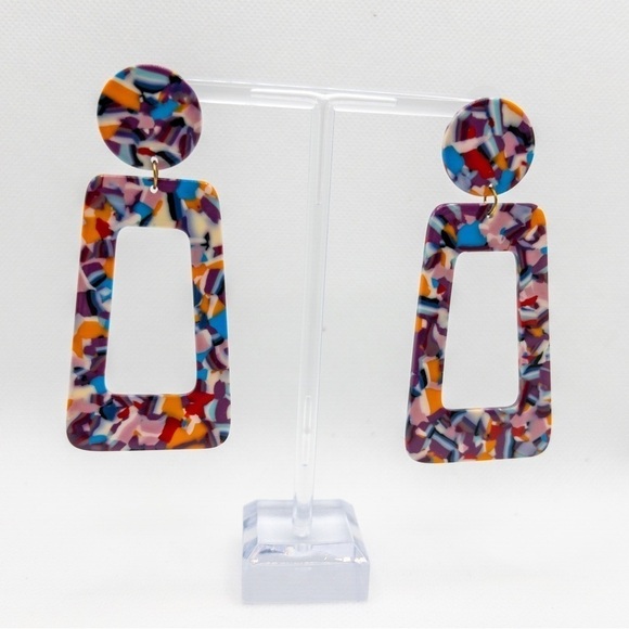 Rainbow Acrylic Trapezoidal Dangle Earrings - Picture 4 of 8